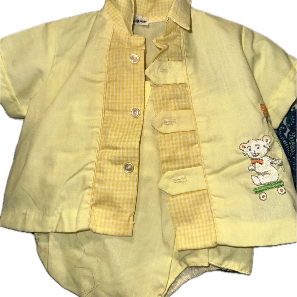 Vintage Cradle Togs Yellow Gingham Baby Outfit with Bear Embroidery size 0